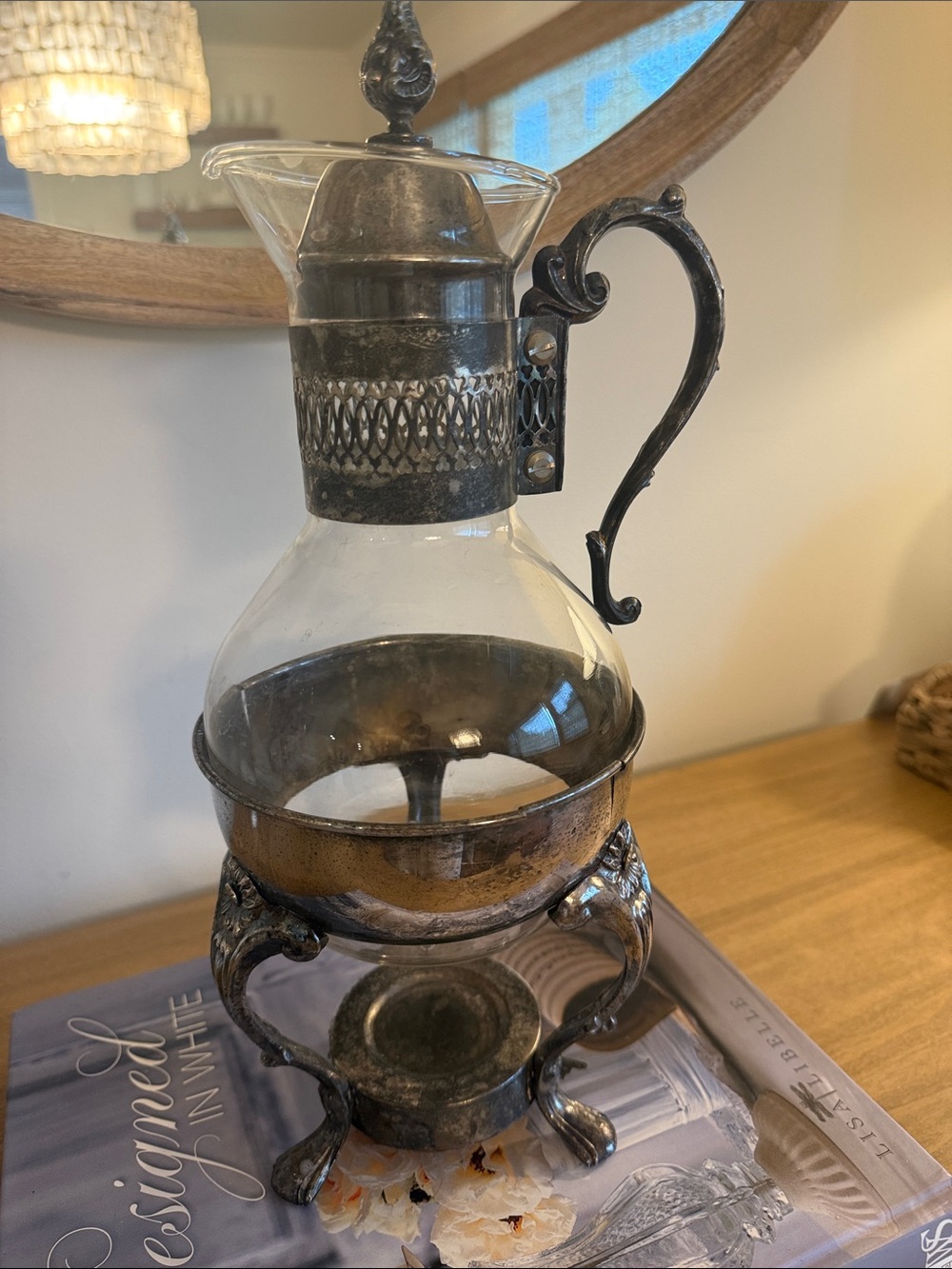 Vintage Glass Carafe with Silver Ornare Stand.